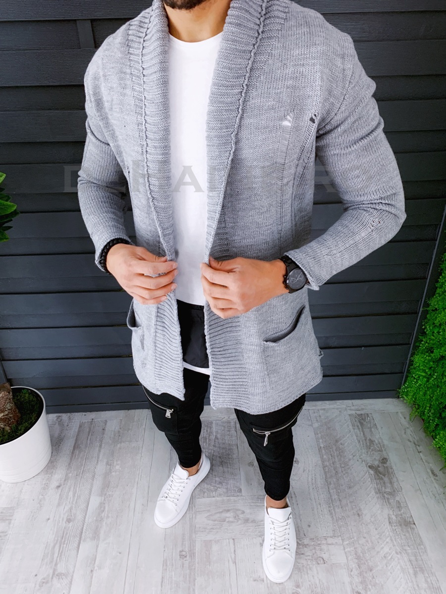 Cardigan barbati gri deschis slim fit zr t3596 109-3